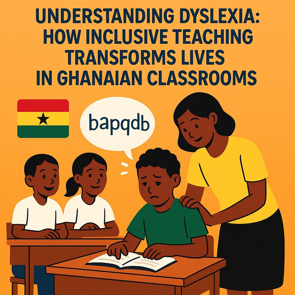 Image of a Ghanaian teacher supporting a student with dyslexia in an inclusive classroom setting.