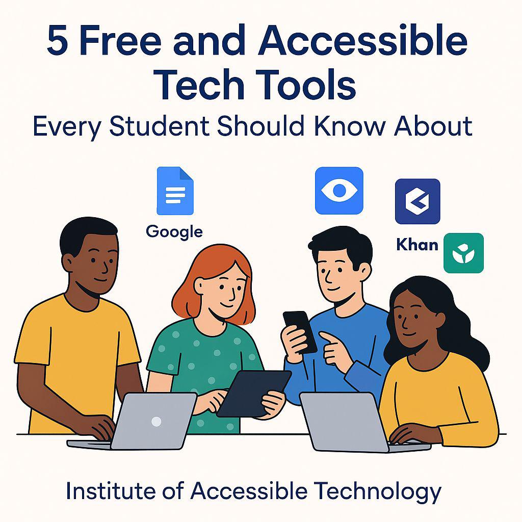 Diverse group of students and learners using laptops and tablets, surrounded by icons representing five free and accessible tech tools to enhance learning and inclusion.
