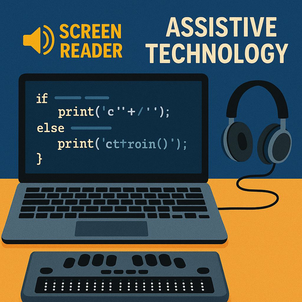 Illustration of assistive technology for coding: A laptop showing code, a Braille display beneath the keyboard, and headphones, emphasizing screen reader access and digital accessibility for blind programmers.